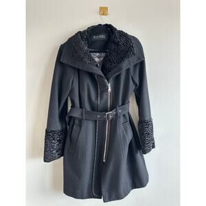 Vintage 90s Guess Black Wool Coat Textured Faux Trim Belted Zip Jacket L XL